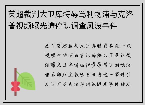英超裁判大卫库特辱骂利物浦与克洛普视频曝光遭停职调查风波事件 英超裁判大卫库特辱骂利物浦与克洛普视频曝光遭停职调查风波事件